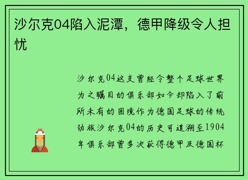 沙尔克04陷入泥潭,德甲降级令人担忧 沙尔克04陷入泥潭,德甲降级令人担忧